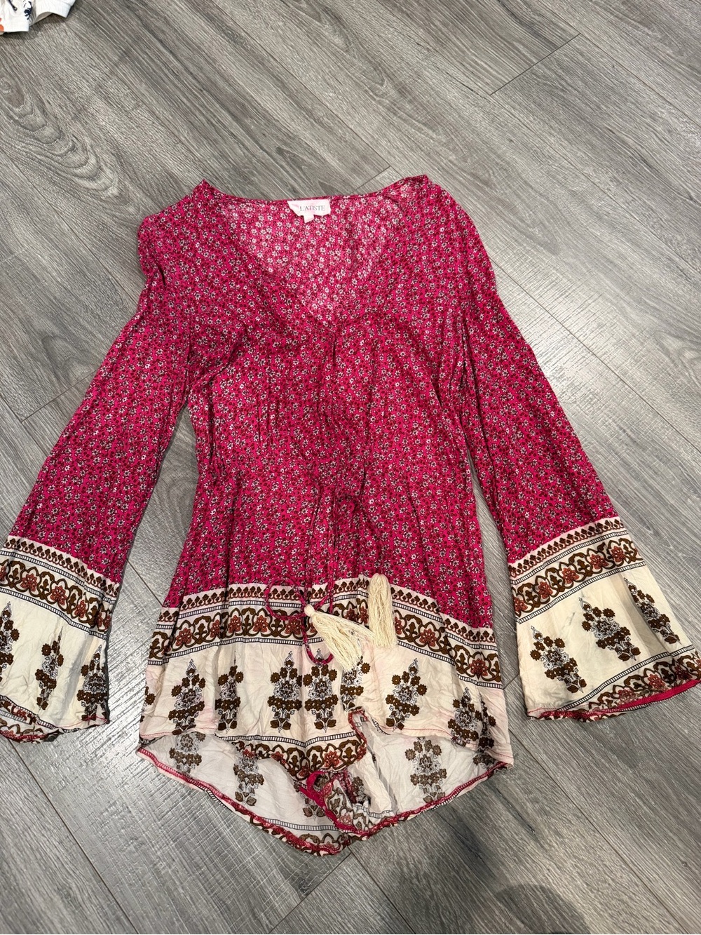 L'ATISTE Pink Floral Boho Tunic with Cream Border and Tassels